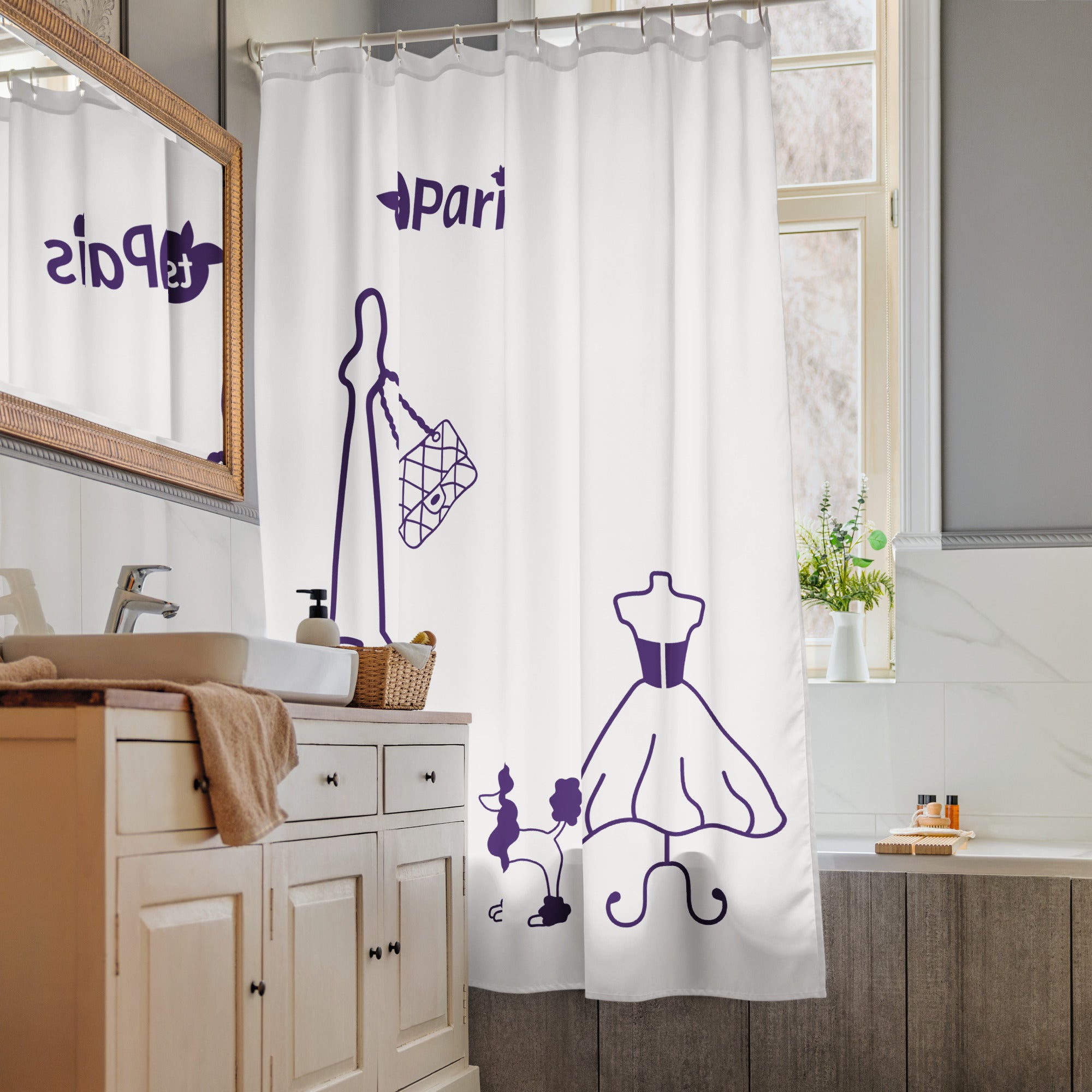 tsgabrielle® • Paris - Fashion Week • Shower Curtain • White • 71” x 74”