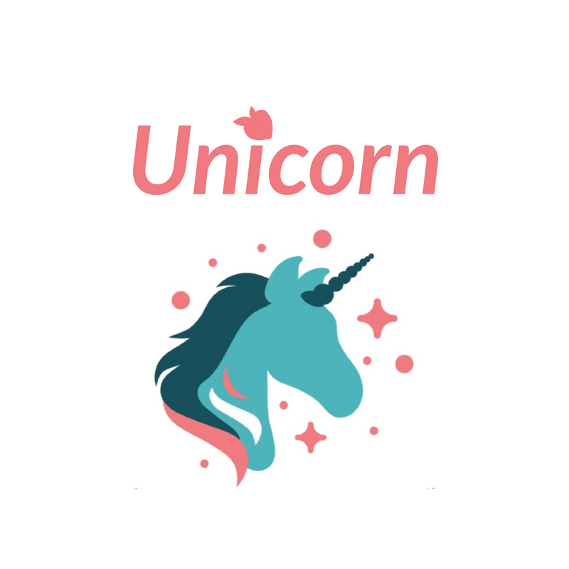 Whimsical unicorn silhouette with stars and Unicorn text above.