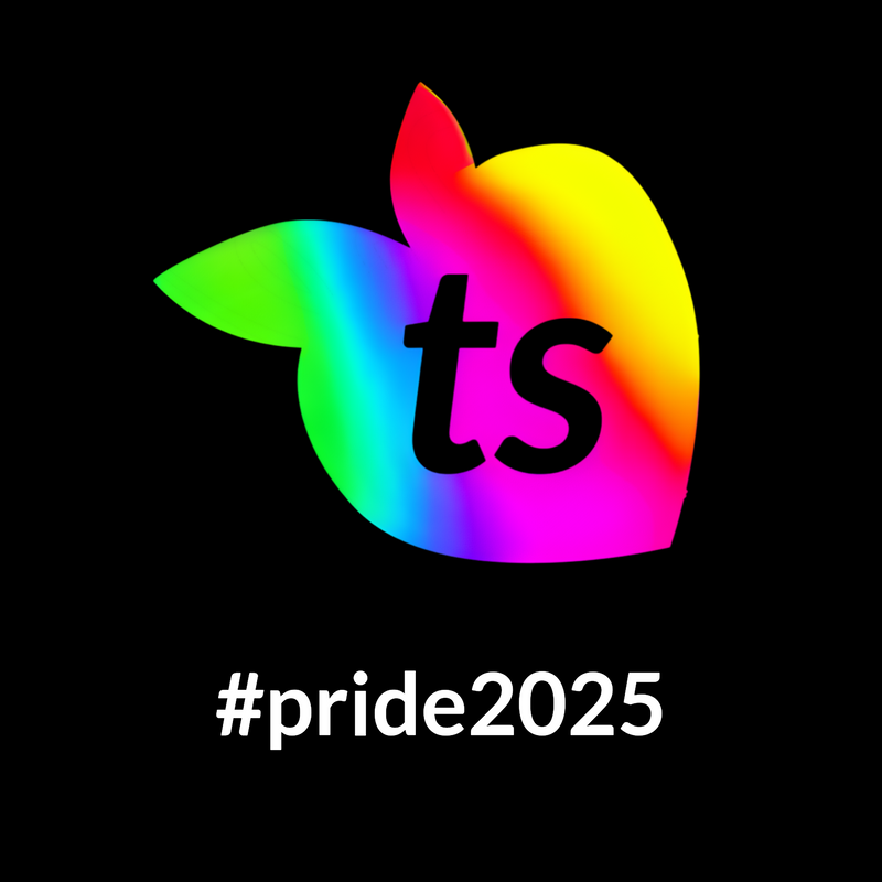 Rainbow gradient fruit logo withts and hashtag #pride2025 on black background.