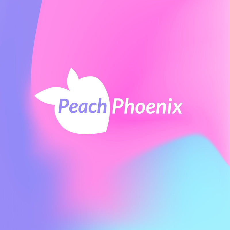 Peach Phoenix™ logo on vibrant pink and blue gradient background.
