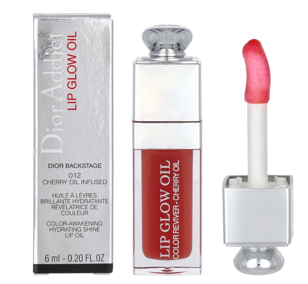 Christian Dior Dior Addict Lip Glow Oil 0.2 fl oz in shade 012 with glossy finish and cherry oil infusion, shown with applicator and packaging.