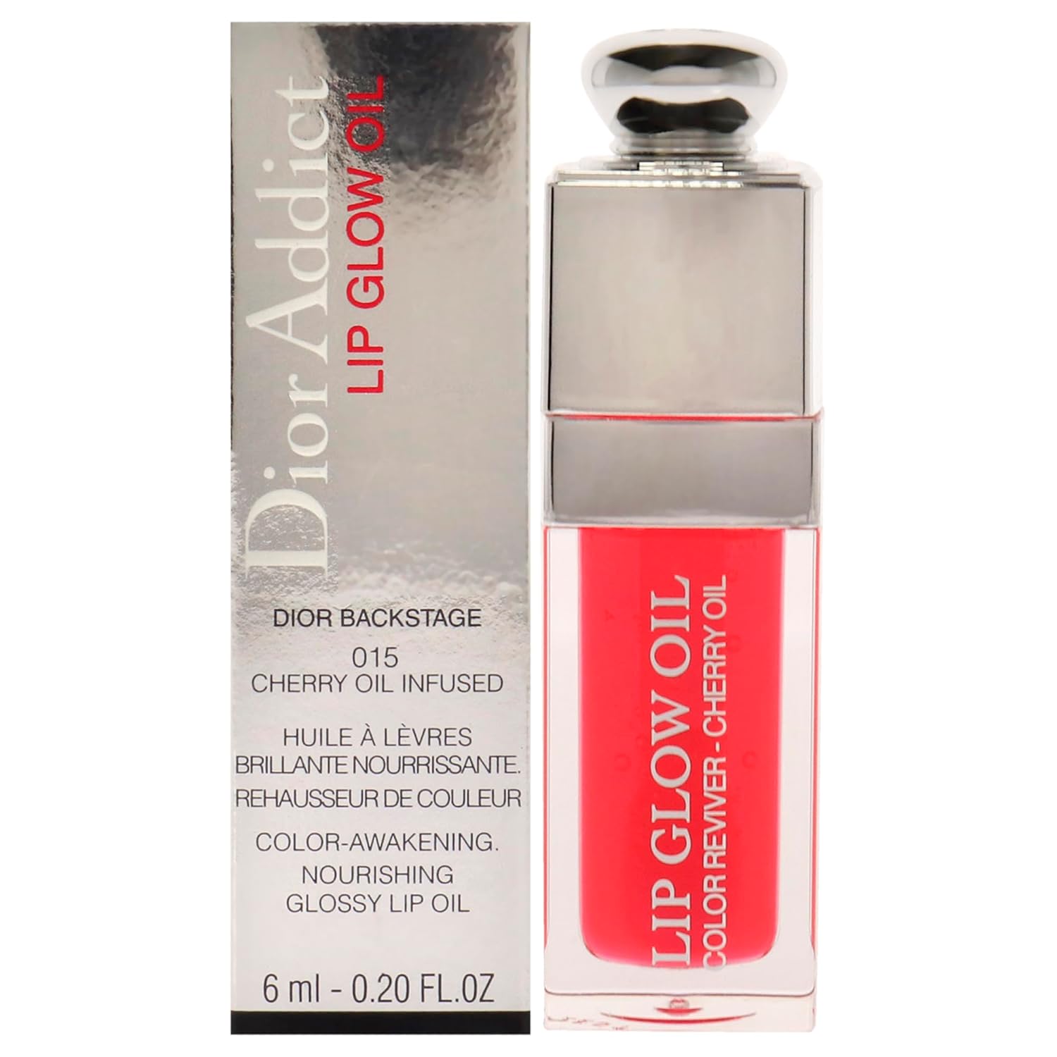 Christian Dior Dior Addict Lip Glow Oil 0.2 fl oz in shade 015, cherry oil-infused lip gloss with glossy finish, shown with product box.