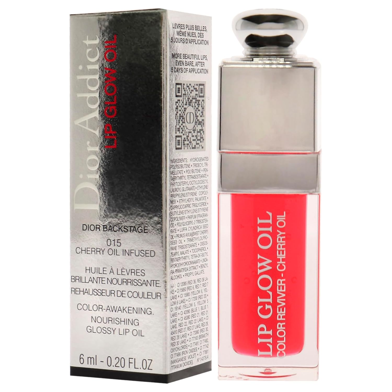 Christian Dior Dior Addict Lip Glow Oil 0.2 fl oz in shade 015, a cherry oil-infused nourishing lip gloss with a glossy finish in sleek packaging.