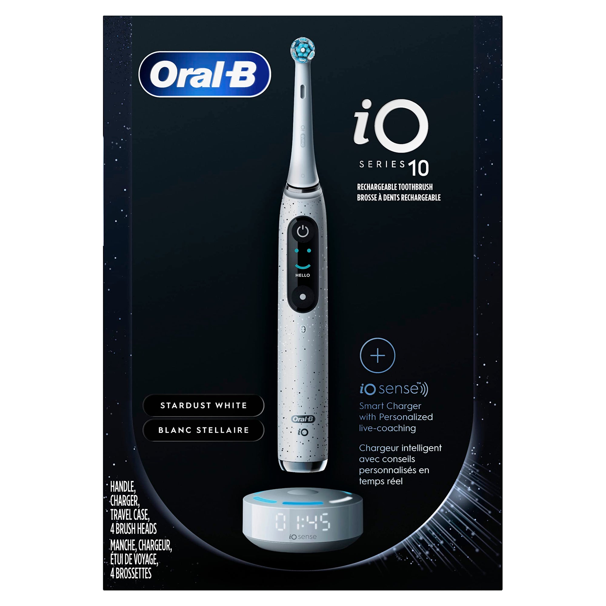 Oral-B iO Series 10 Rechargeable Electric Toothbrush with Visible Pressure Sensor to Protect Gums, 2 Min Timer, 7 Cleaning Settings, 4 Replacement Toothbrush Heads, and Charging Travel Case, Black