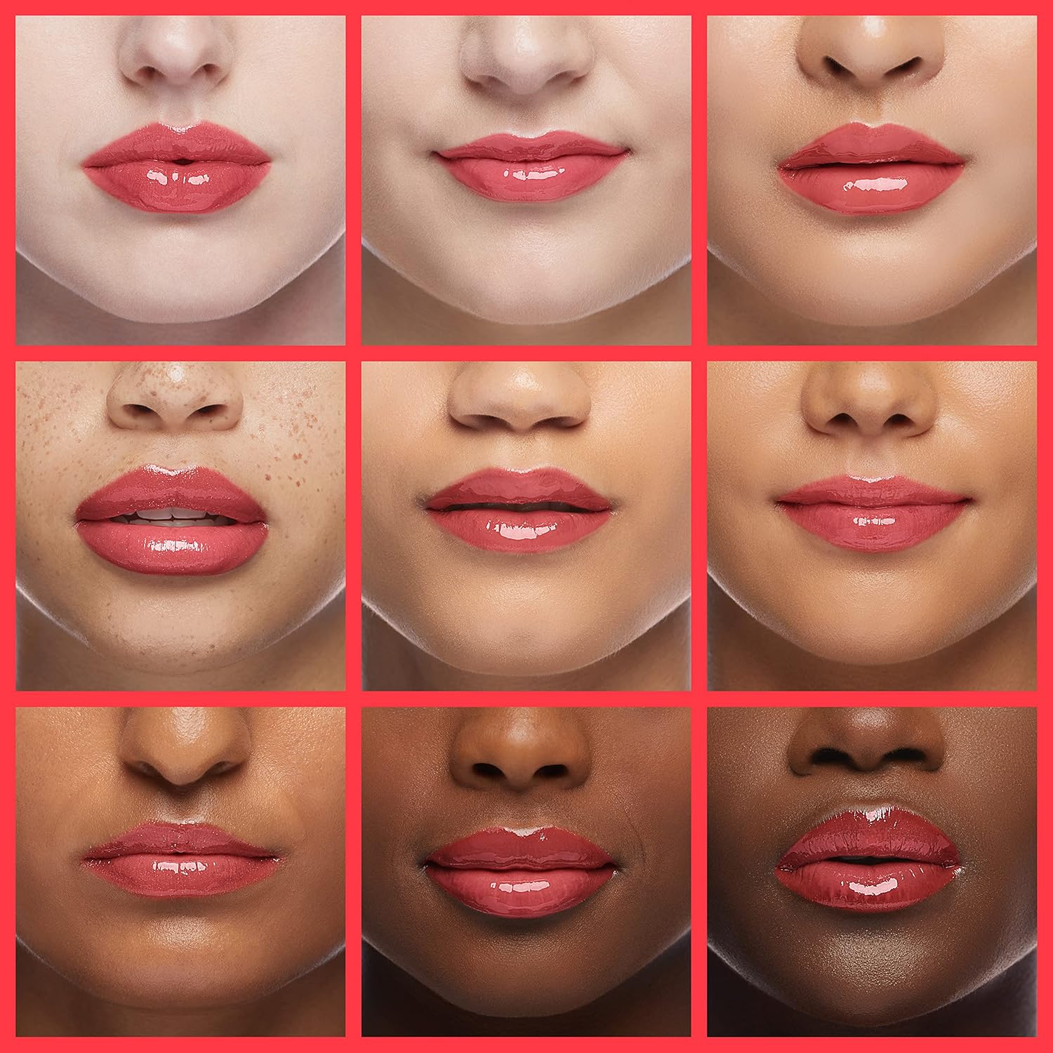 Christian Dior Dior Addict Lip Glow Oil in 6 glossy shades shown on diverse skin tones. Hydrating lip gloss with radiant cherry oil finish.