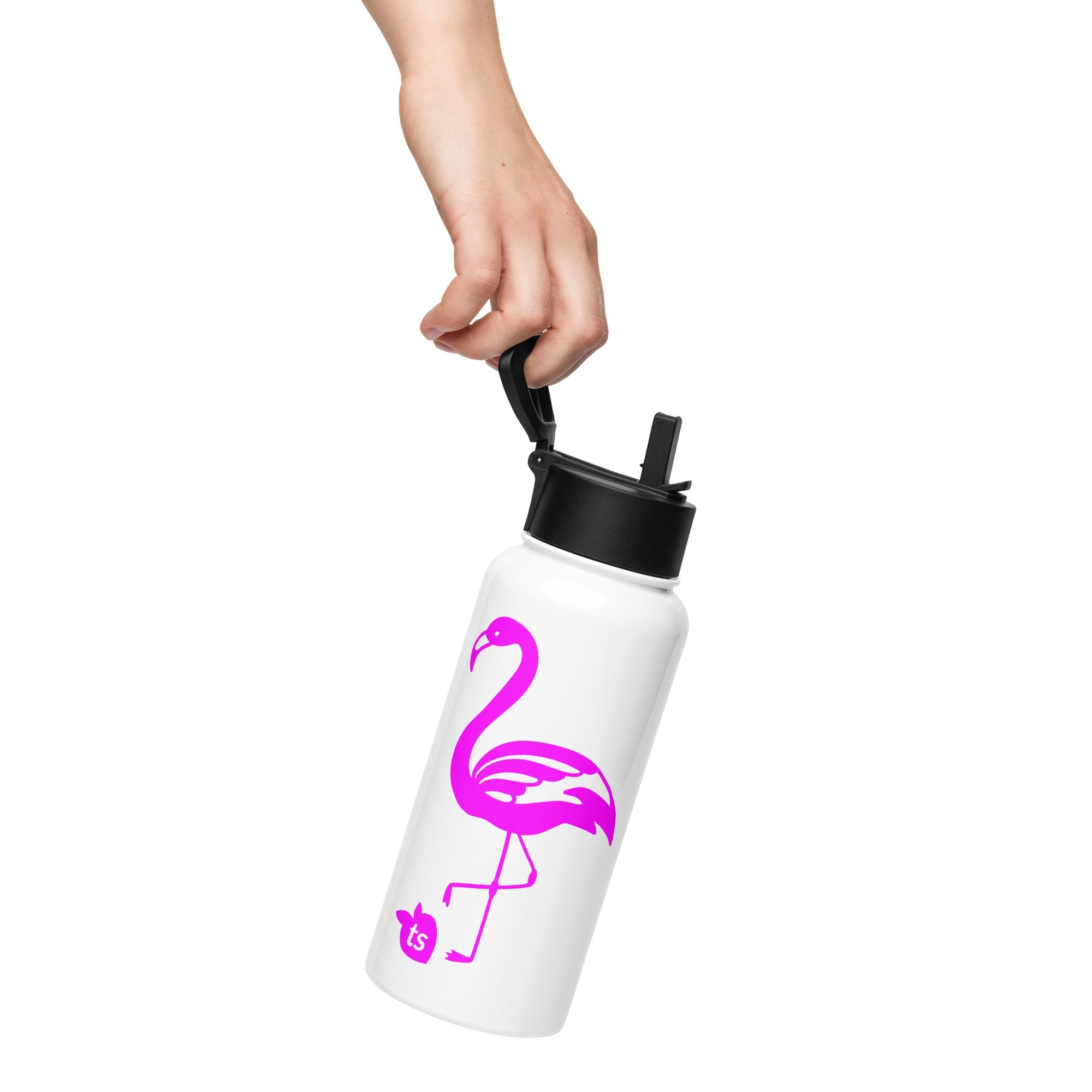 tsgabrielle® • Flamant Rose • Water Bottle with a Straw Lid • Stainless Steel • White • 32 oz