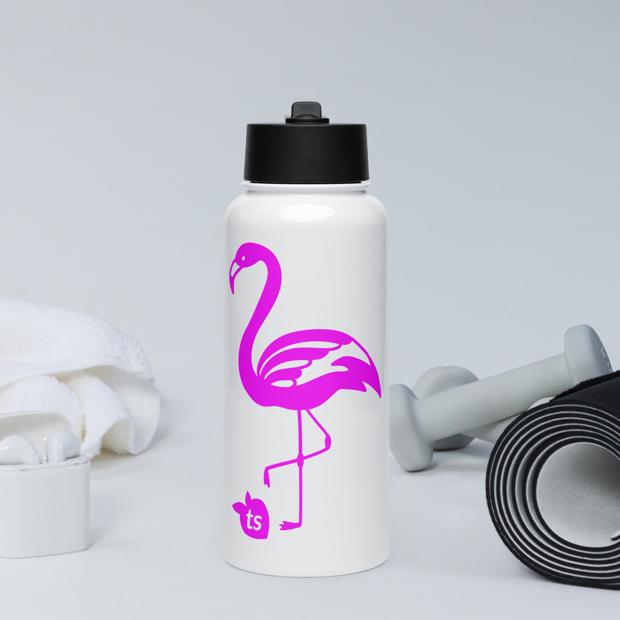 tsgabrielle® • Flamant Rose • Water Bottle with a Straw Lid • Stainless Steel • White • 32 oz