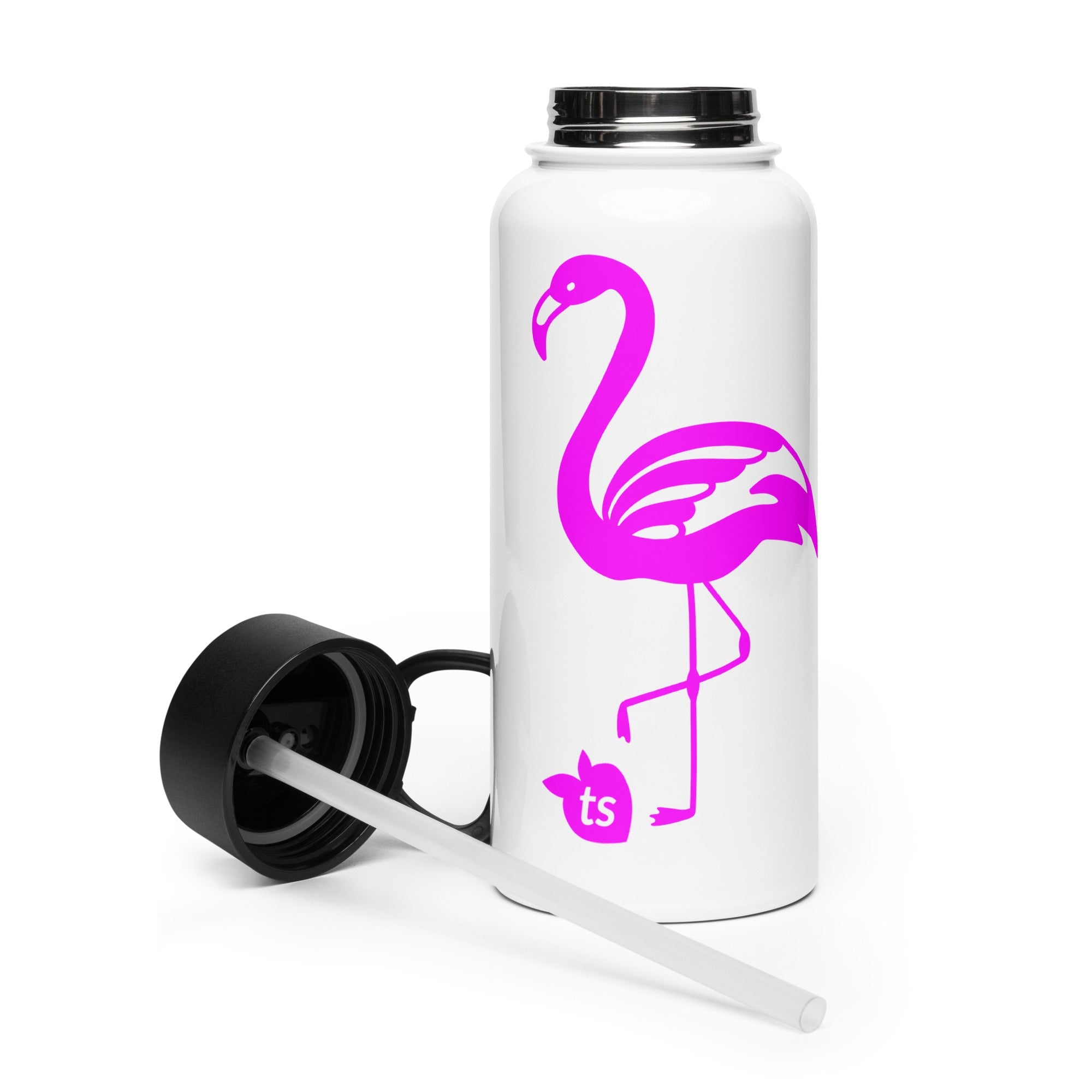 tsgabrielle® • Flamant Rose • Water Bottle with a Straw Lid • Stainless Steel • White • 32 oz