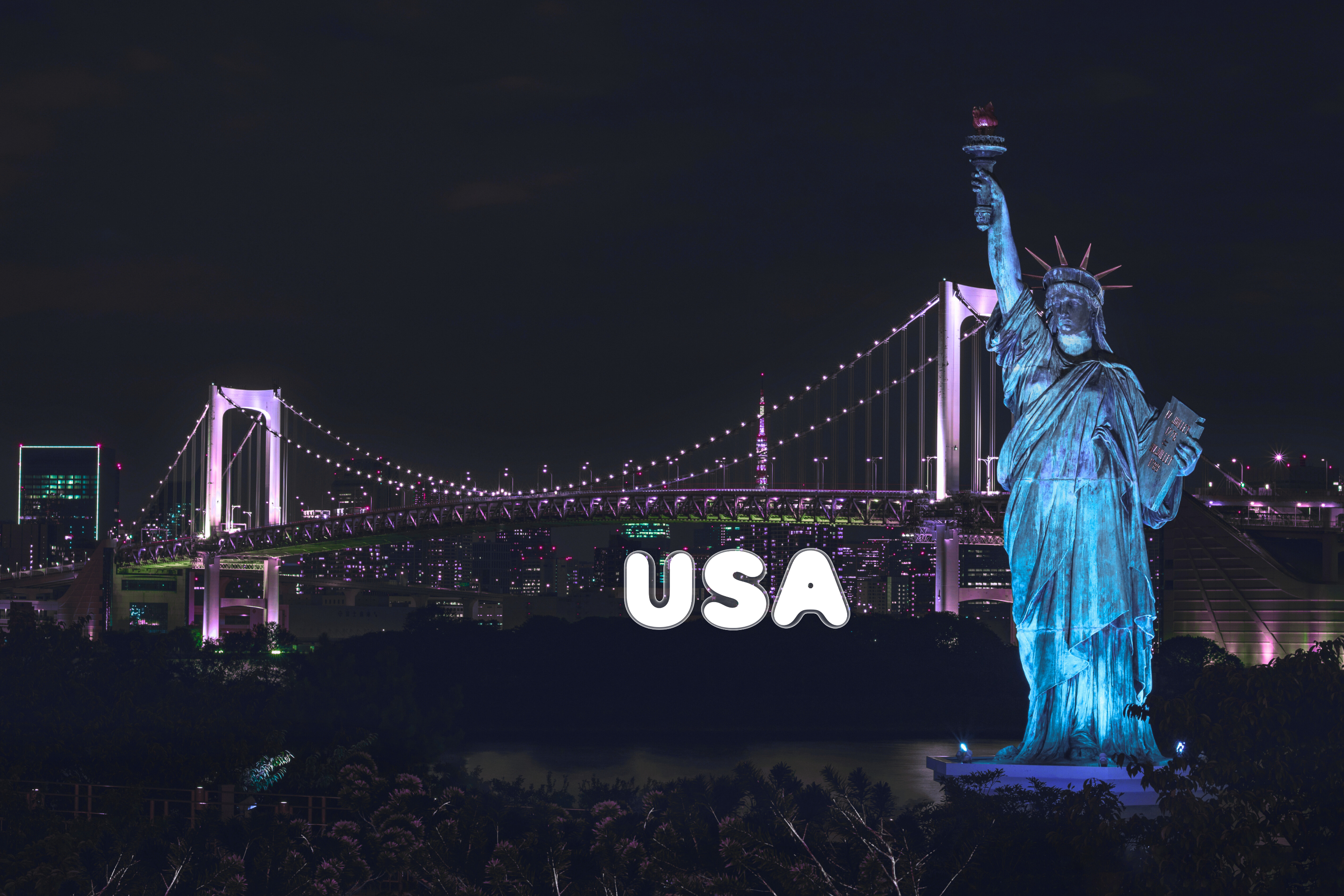 Statue of Liberty illuminated in blue with 'USA' text, Tokyo Bridge in the background